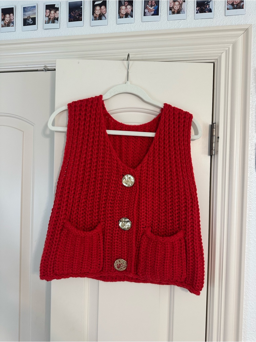 Red Chunky Knit Button-Front Sweater Vest